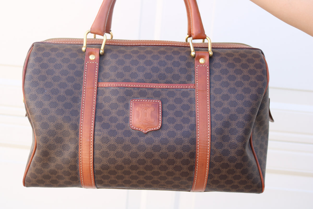 Vintage CELINE Macadam Boston Bag — Brown Canvas & Tan Leather