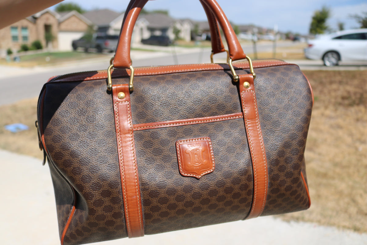 Vintage CELINE Macadam Boston Bag — Brown Canvas & Tan Leather