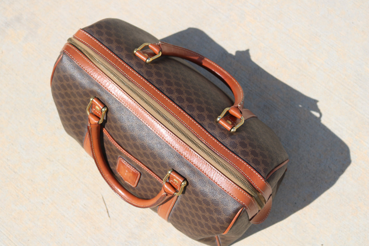 Vintage CELINE Macadam Boston Bag — Brown Canvas & Tan Leather