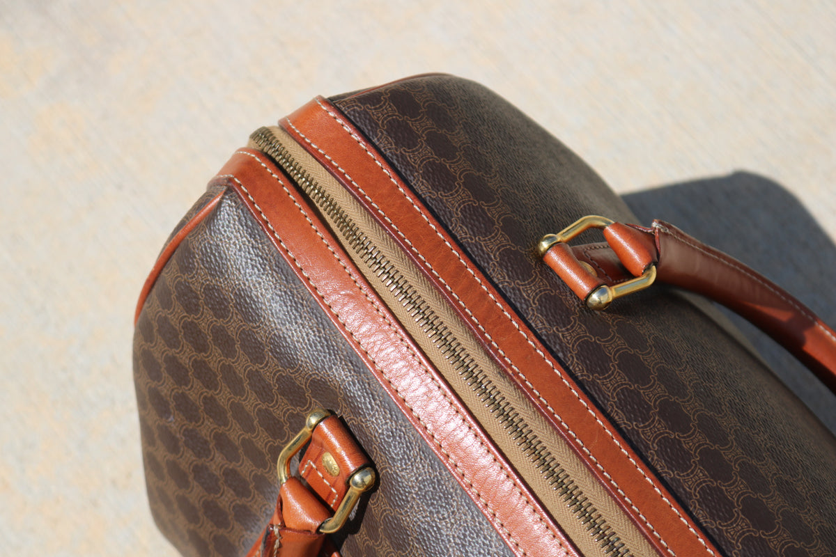 Vintage CELINE Macadam Boston Bag — Brown Canvas & Tan Leather