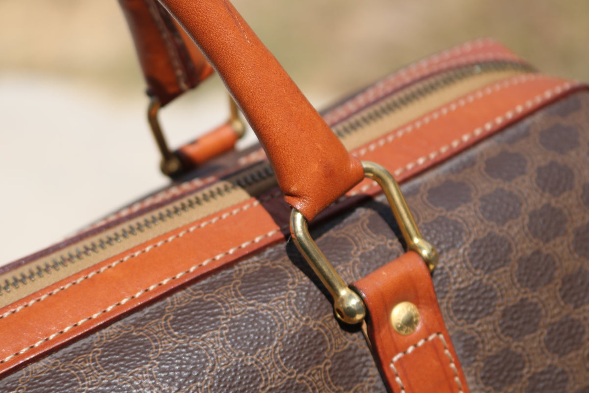 Vintage CELINE Macadam Boston Bag — Brown Canvas & Tan Leather