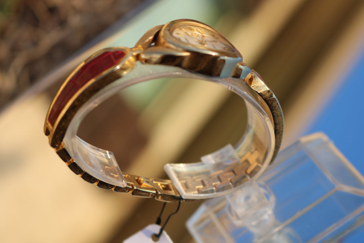Vintage Gruen Gold-Tone Red Accent Bangle Watch