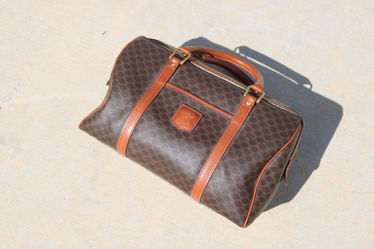 Vintage CELINE Macadam Boston Bag — Brown Canvas & Tan Leather