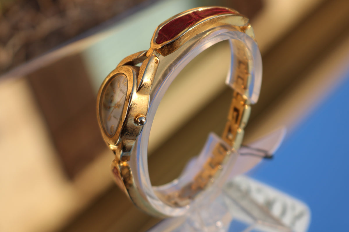 Vintage Gruen Gold-Tone Red Accent Bangle Watch