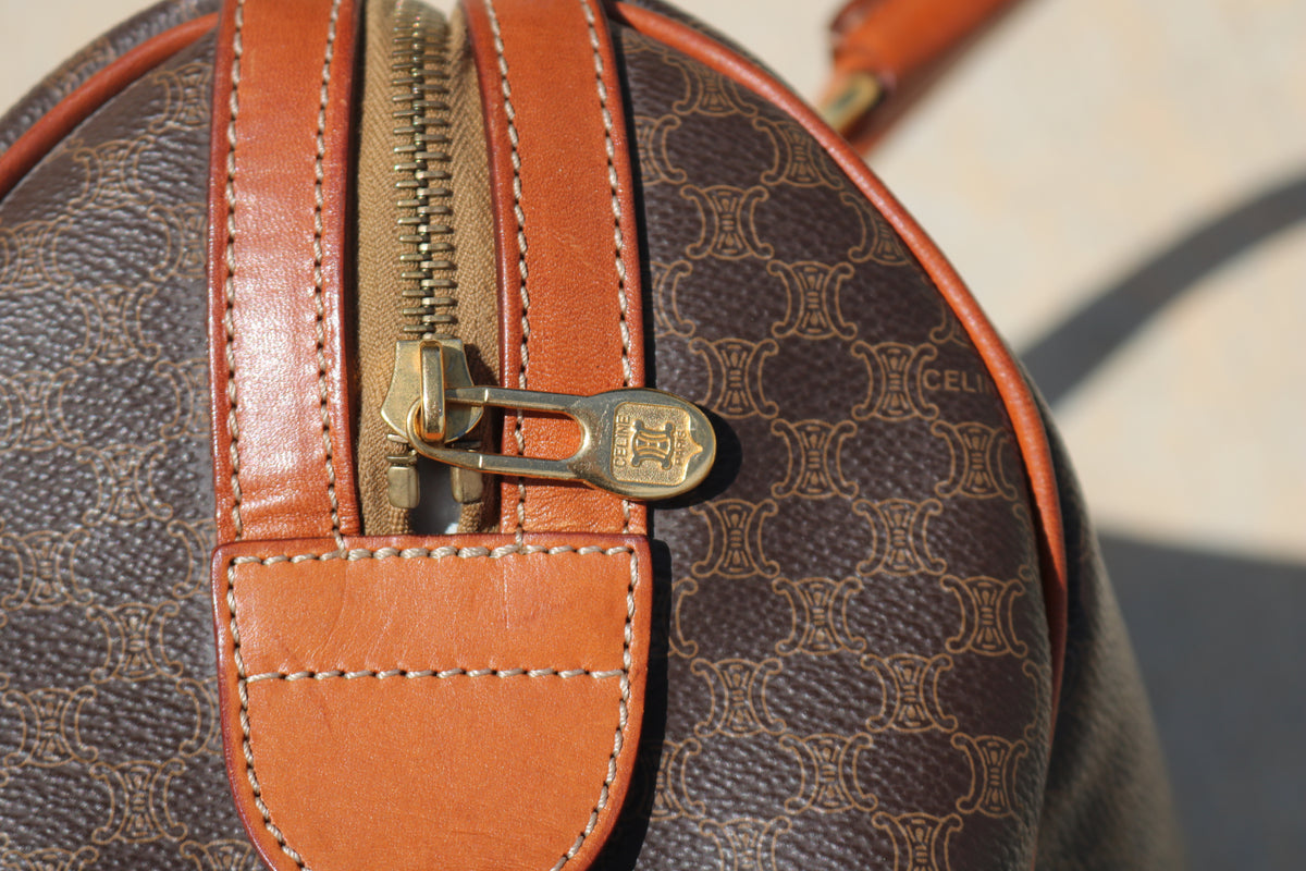 Vintage CELINE Macadam Boston Bag — Brown Canvas & Tan Leather