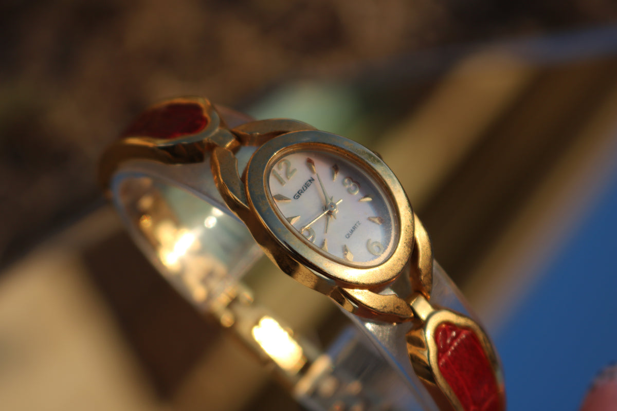 Vintage Gruen Gold-Tone Red Accent Bangle Watch