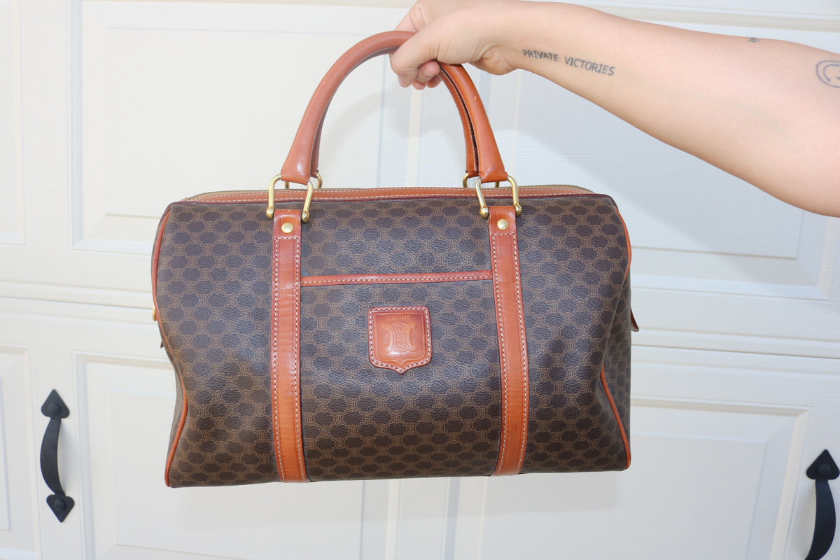Vintage CELINE Macadam Boston Bag — Brown Canvas & Tan Leather