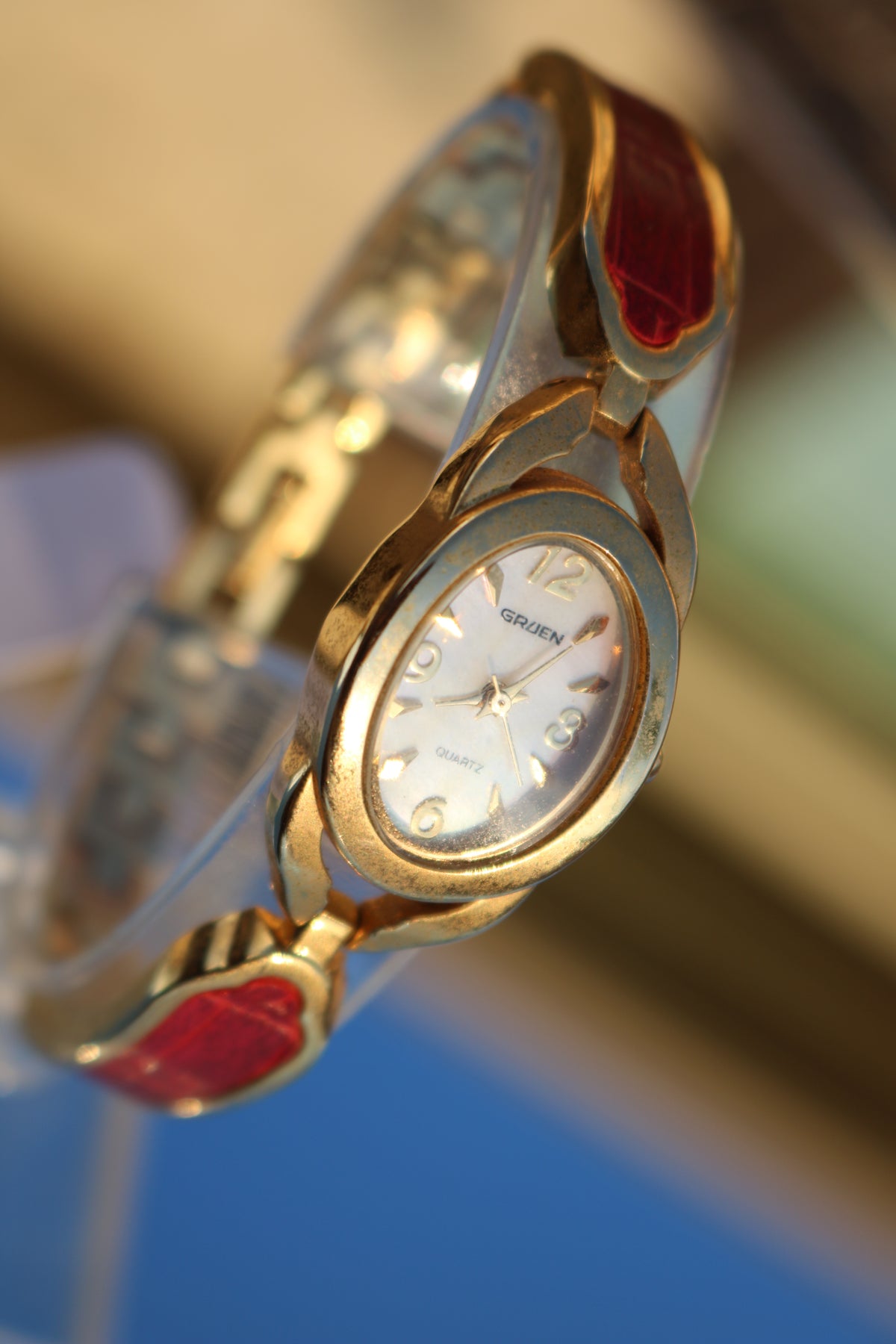 Vintage Gruen Gold-Tone Red Accent Bangle Watch