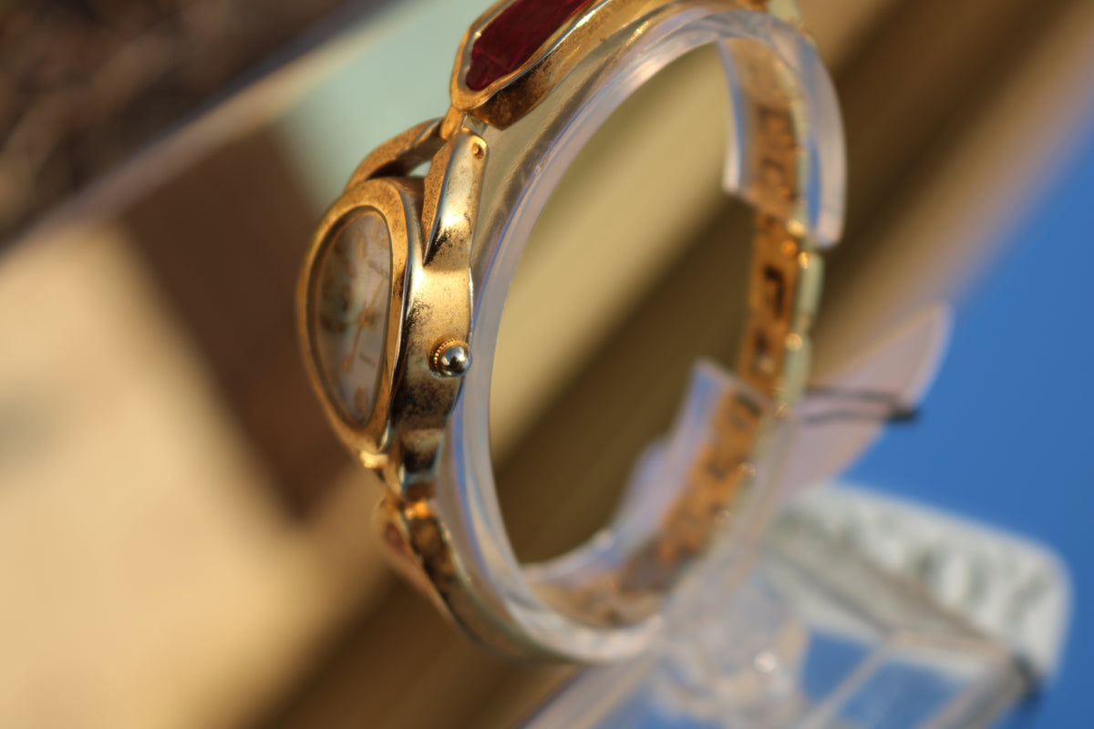Vintage Gruen Gold-Tone Red Accent Bangle Watch