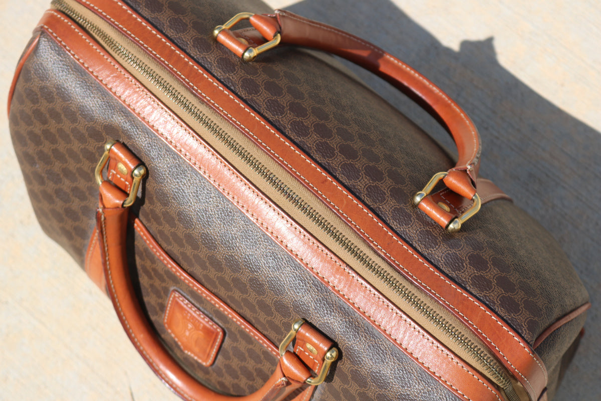 Vintage CELINE Macadam Boston Bag — Brown Canvas & Tan Leather